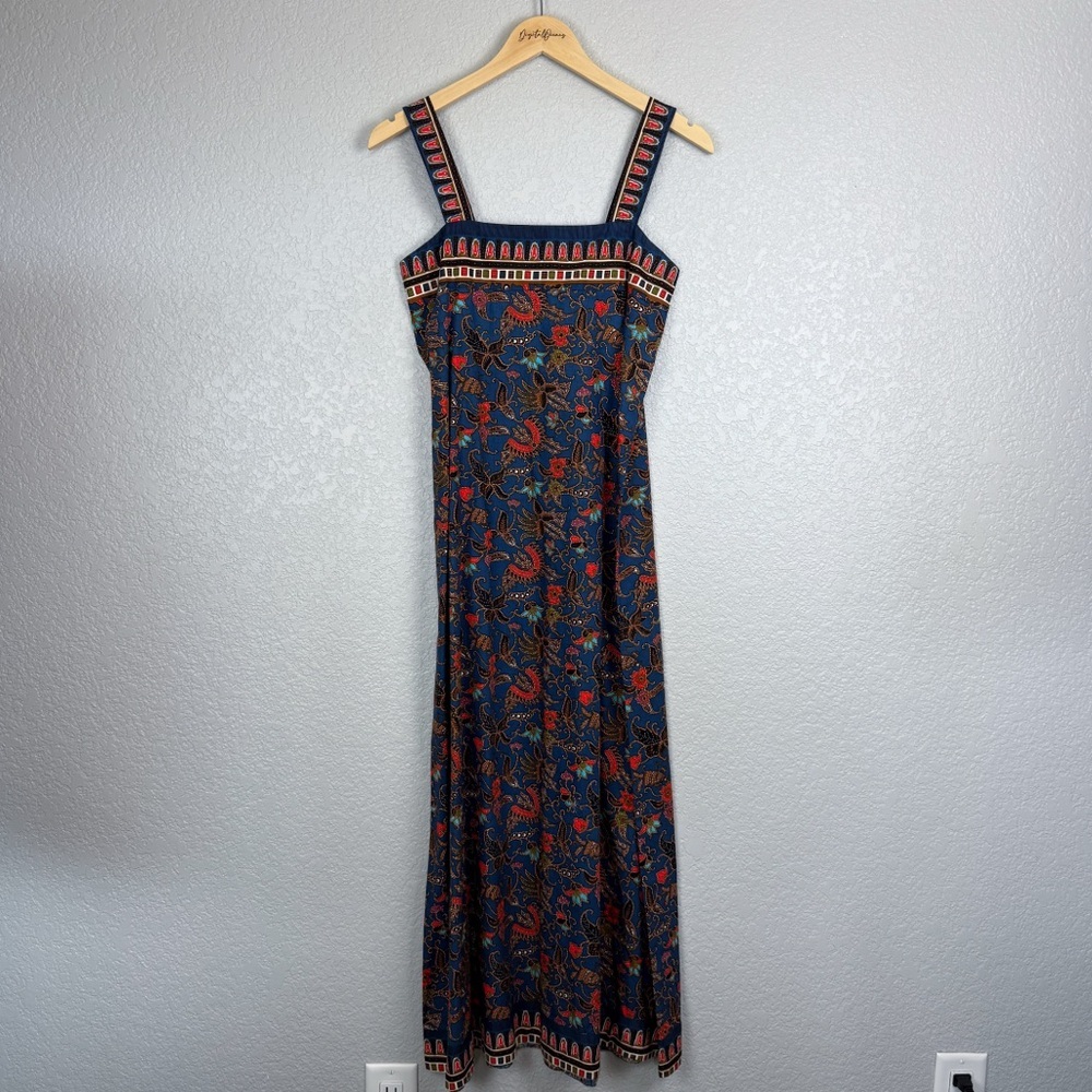 Handmade Floral Print Boho Sleeveless Maxi Dress Navy Blue Orange Brown Indie - Picture 2 of 9